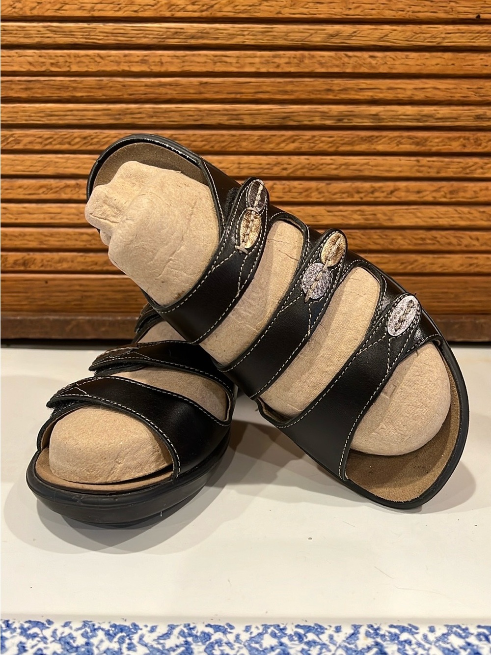 Sandal Slides, Black leather, adjustable straps, topstitching, metallic trims